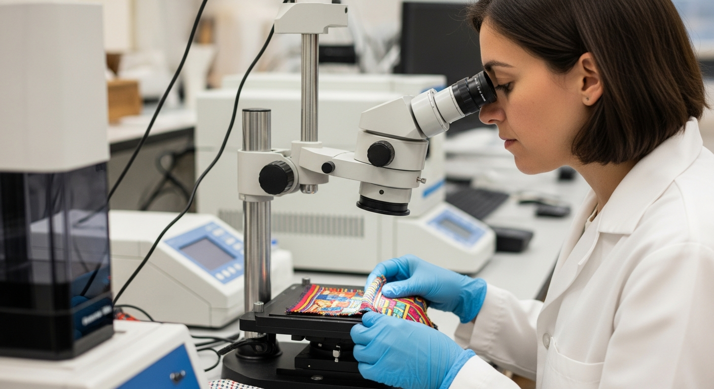 A woman analyzes a fragment of ancient textile under a microscope.