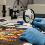 A conservator examines a red painting in a lab.
