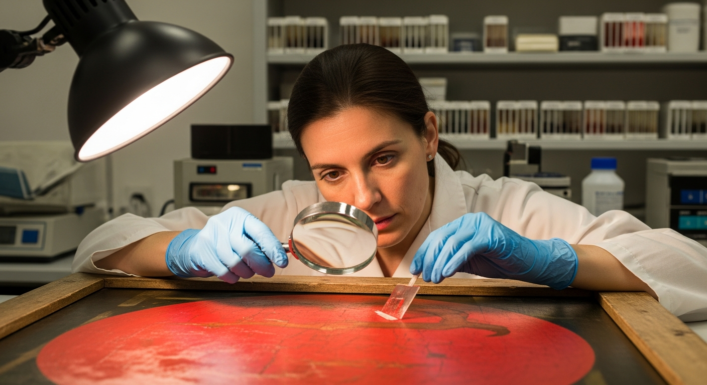 A conservator examines a red painting with a magnifying glass in a lab.