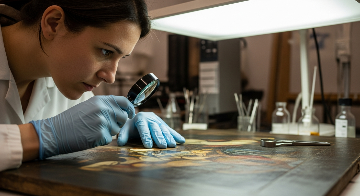 A conservator inspects a historical painting in a lab.