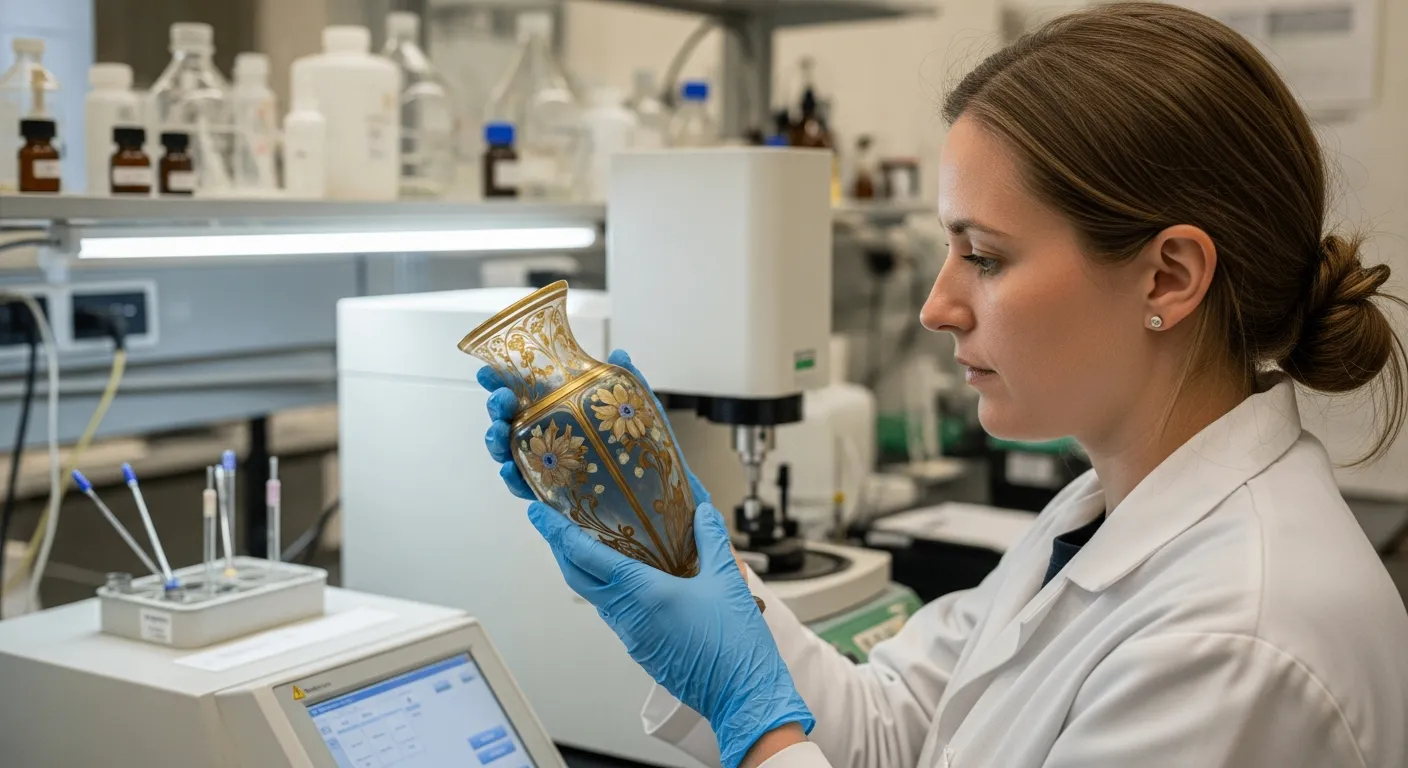 A conservator examines a glass vase in a lab.