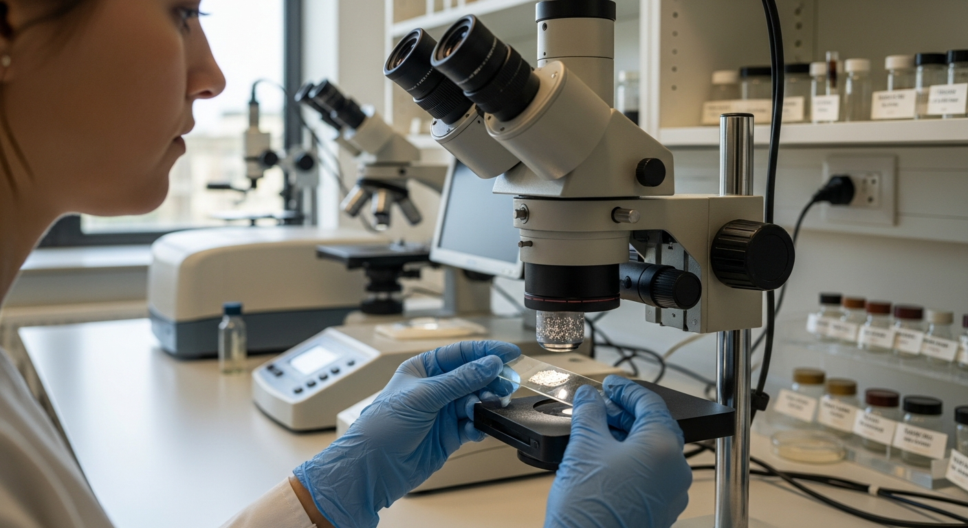 A conservator examines barium-based pigment under a microscope.