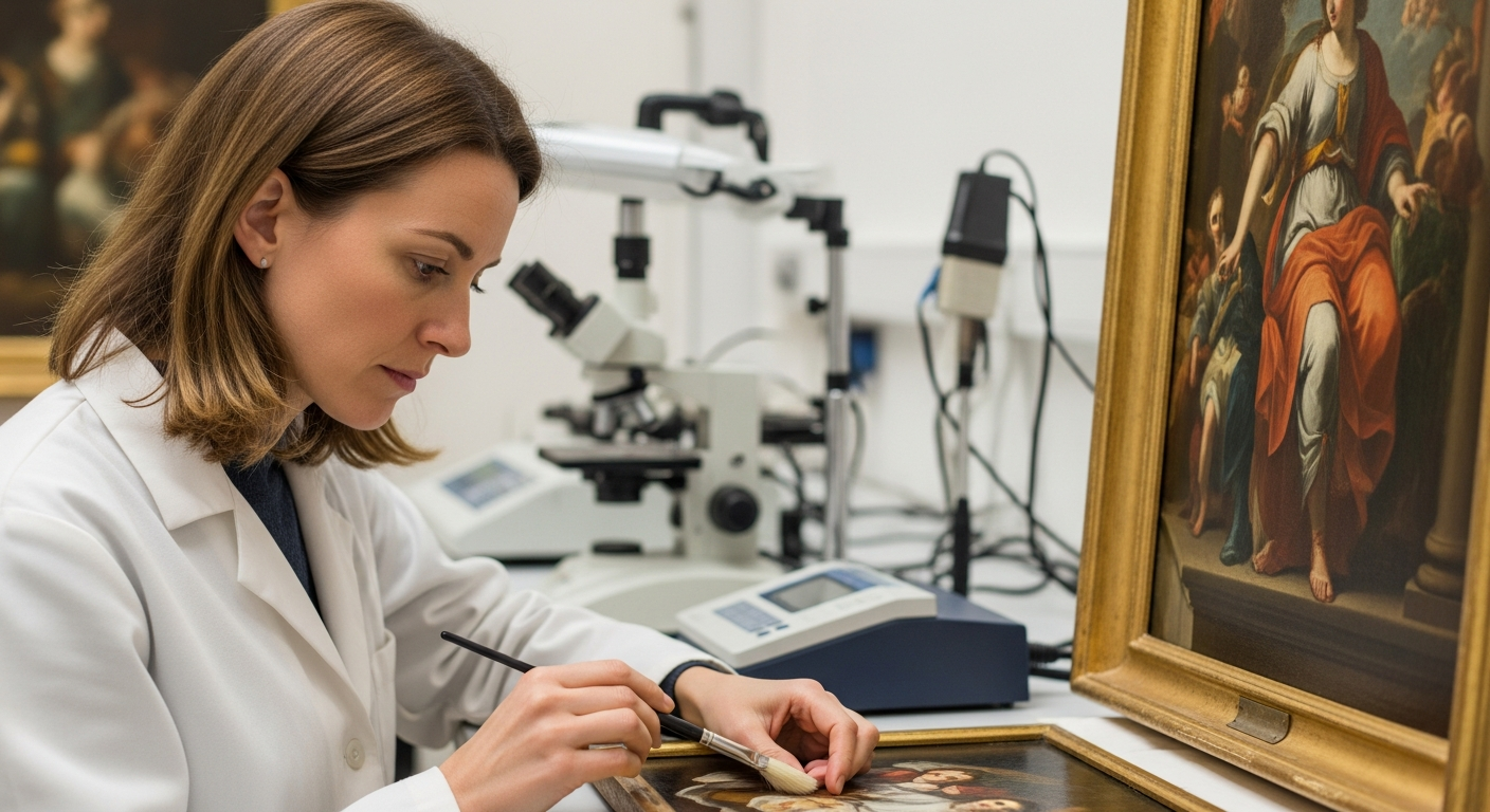 A woman analyzes a Baroque painting in a lab.