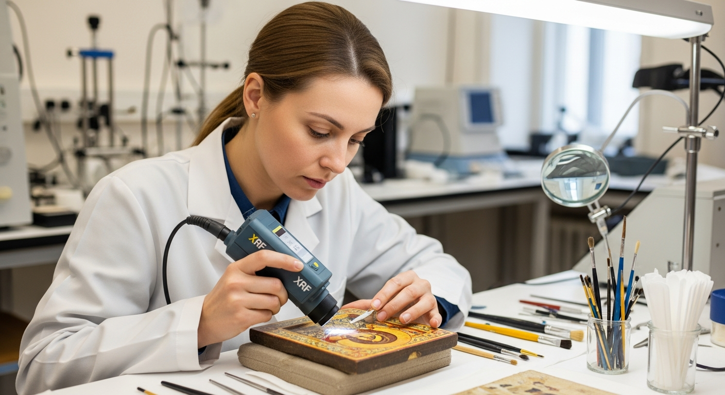 A woman analyzes a Byzantine icon with scientific equipment in a lab.