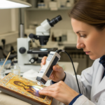 A woman analyzes a Byzantine icon using scientific equipment.