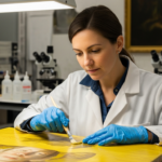A woman examines a yellow painting in a conservation lab.