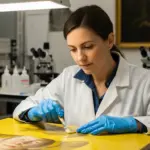 A woman examines a yellow painting in a conservation lab.