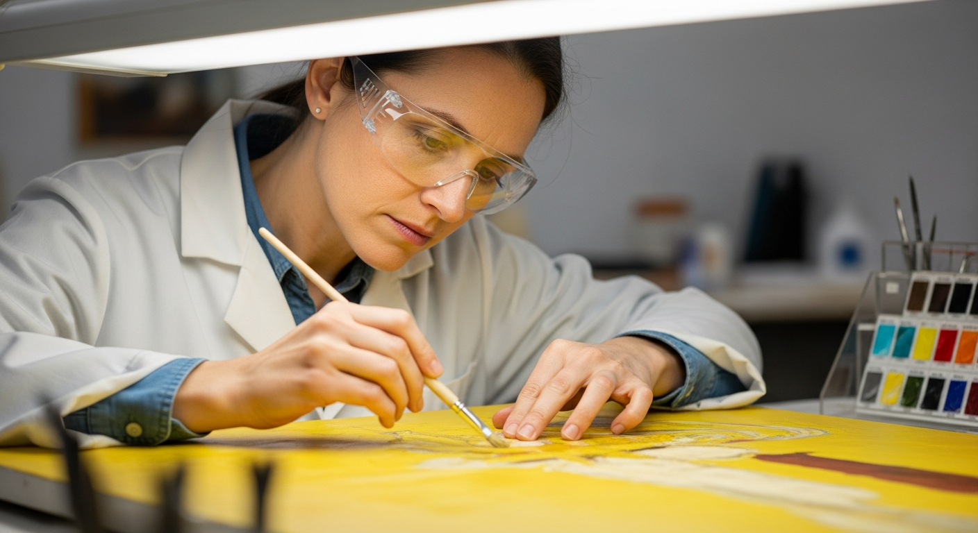 A woman examines a yellow painting in a conservation lab.