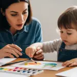 A woman watches a child painting with watercolors.