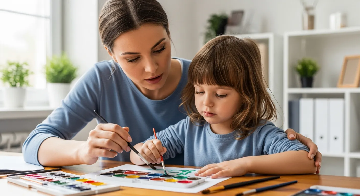 A mother and child painting together at a table indoors.