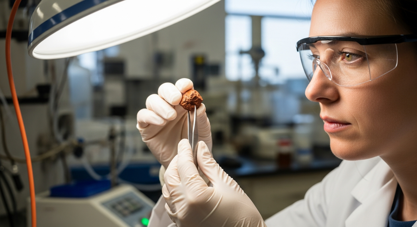 A woman geologist examines a cinnabar sample in a lab.