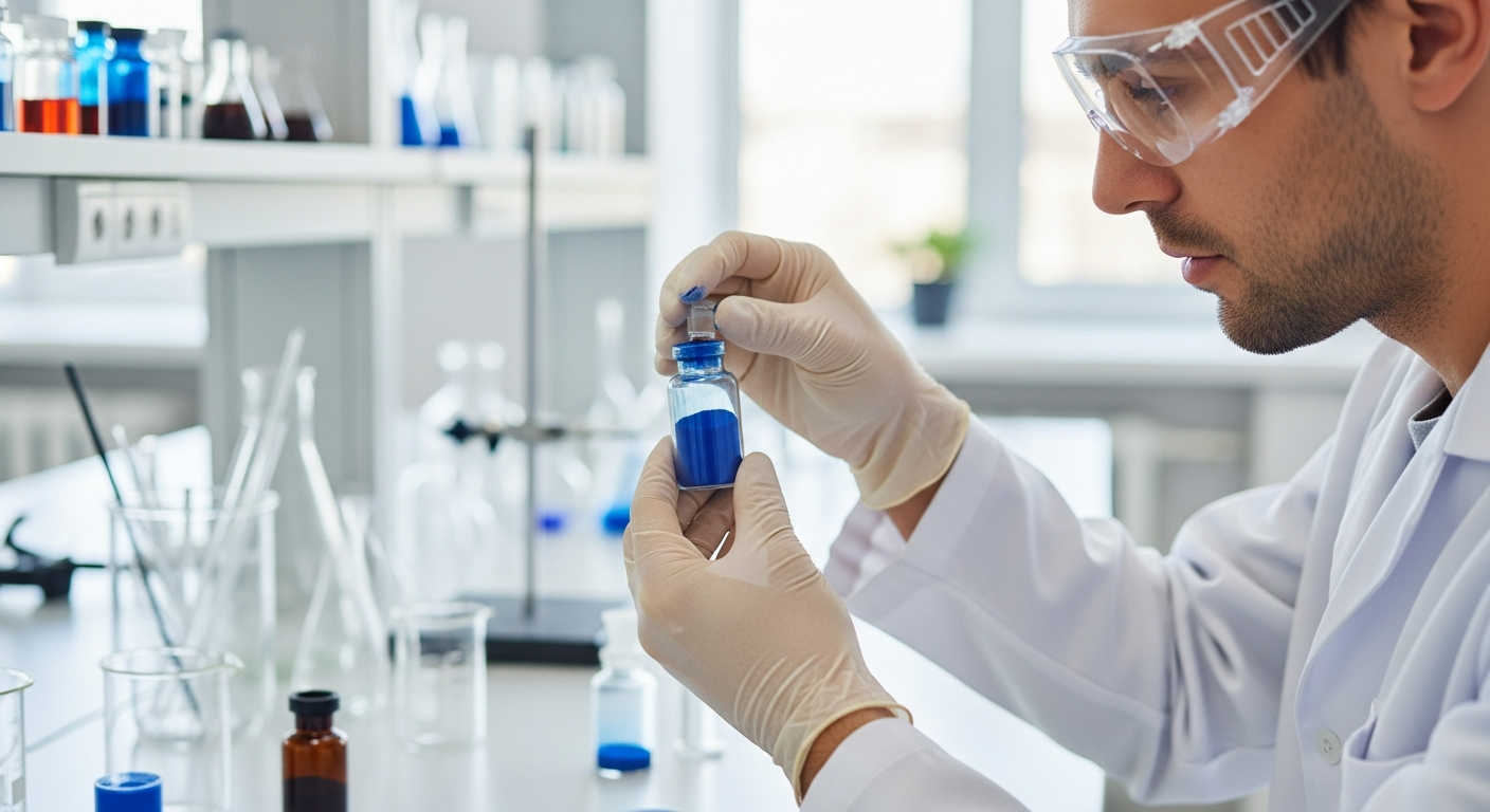 A chemist examines cobalt blue pigment in a laboratory.