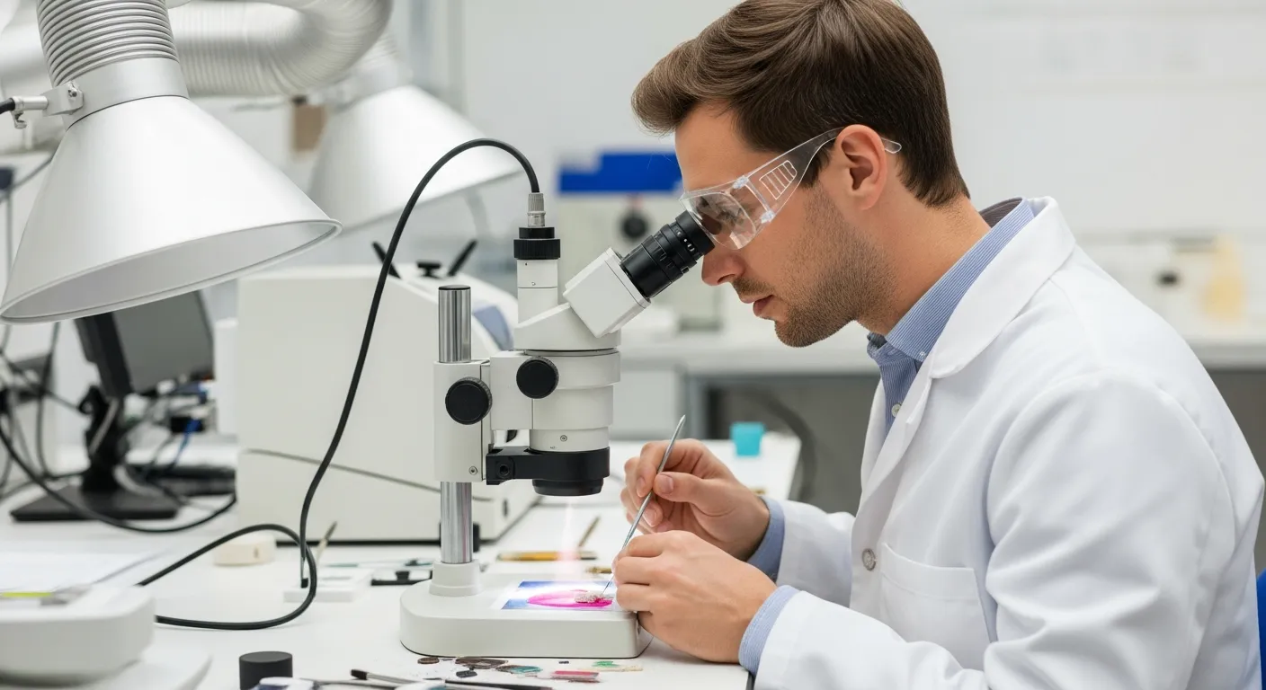 A scientist examines pigment dust in a lab