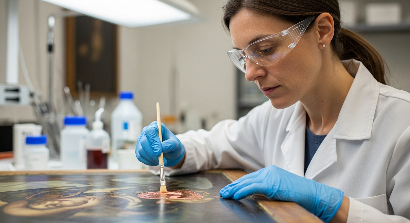 A woman wearing gloves cleans a painting in a lab.