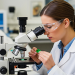 A woman examines green pigment under a microscope in a lab.