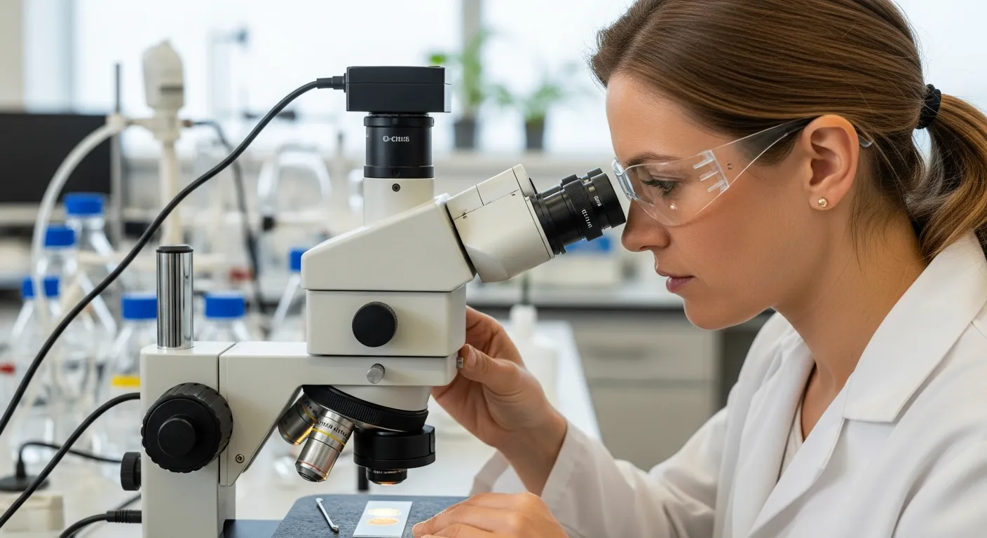 Woman using a digital microscope to analyze pigment sample in a lab