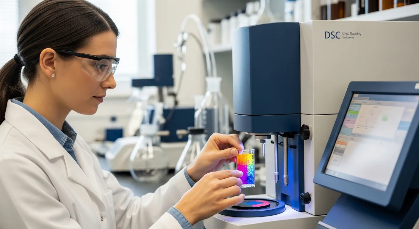 A woman analyzes pigment samples using a DSC instrument in a laboratory.