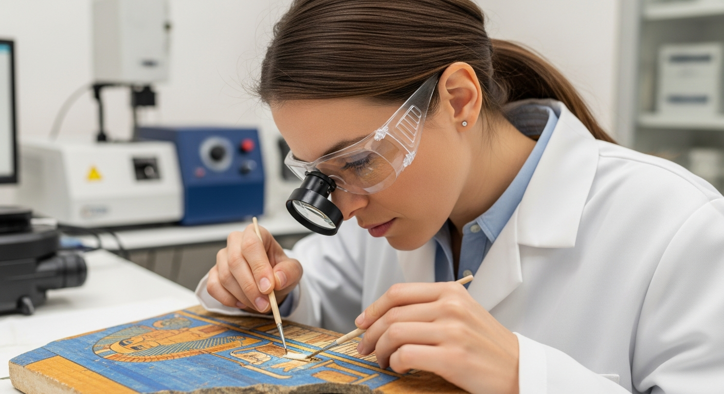 A woman analyzes a fragment of an Egyptian tomb painting.