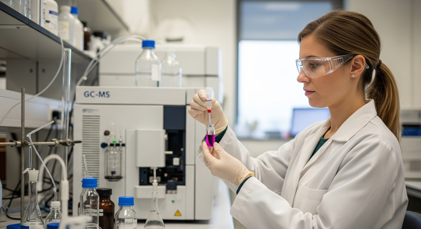 A woman prepares a pigment sample for GC-MS analysis in a lab.