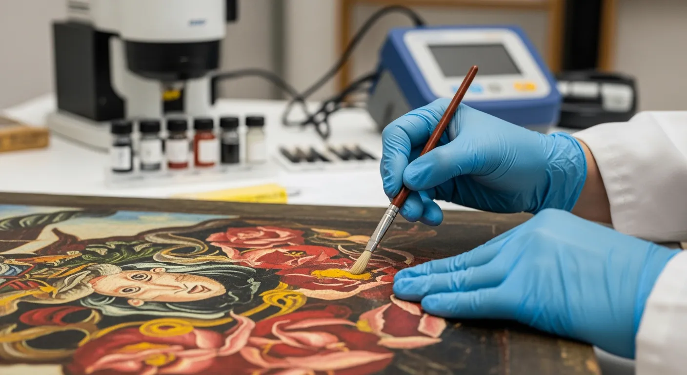 A conservator examines a historical painting for heavy metal pigments.