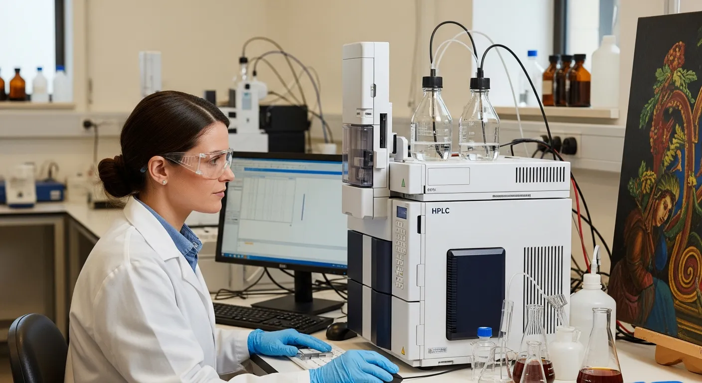 A conservator analyzes a painting using HPLC in a lab.