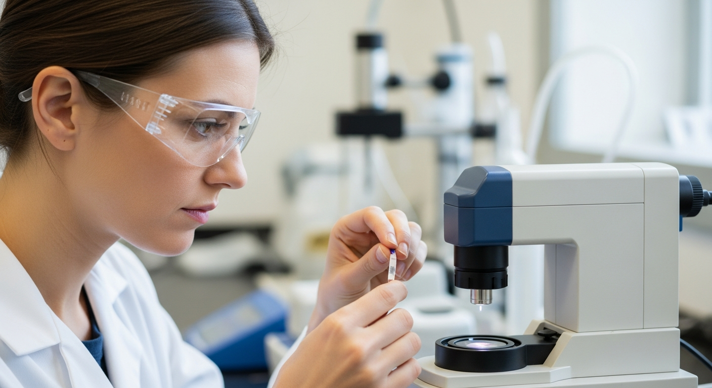 A woman analyzes a pigment sample using infrared spectroscopy.