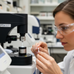 A woman analyzes pigment with an infrared spectroscopy instrument.