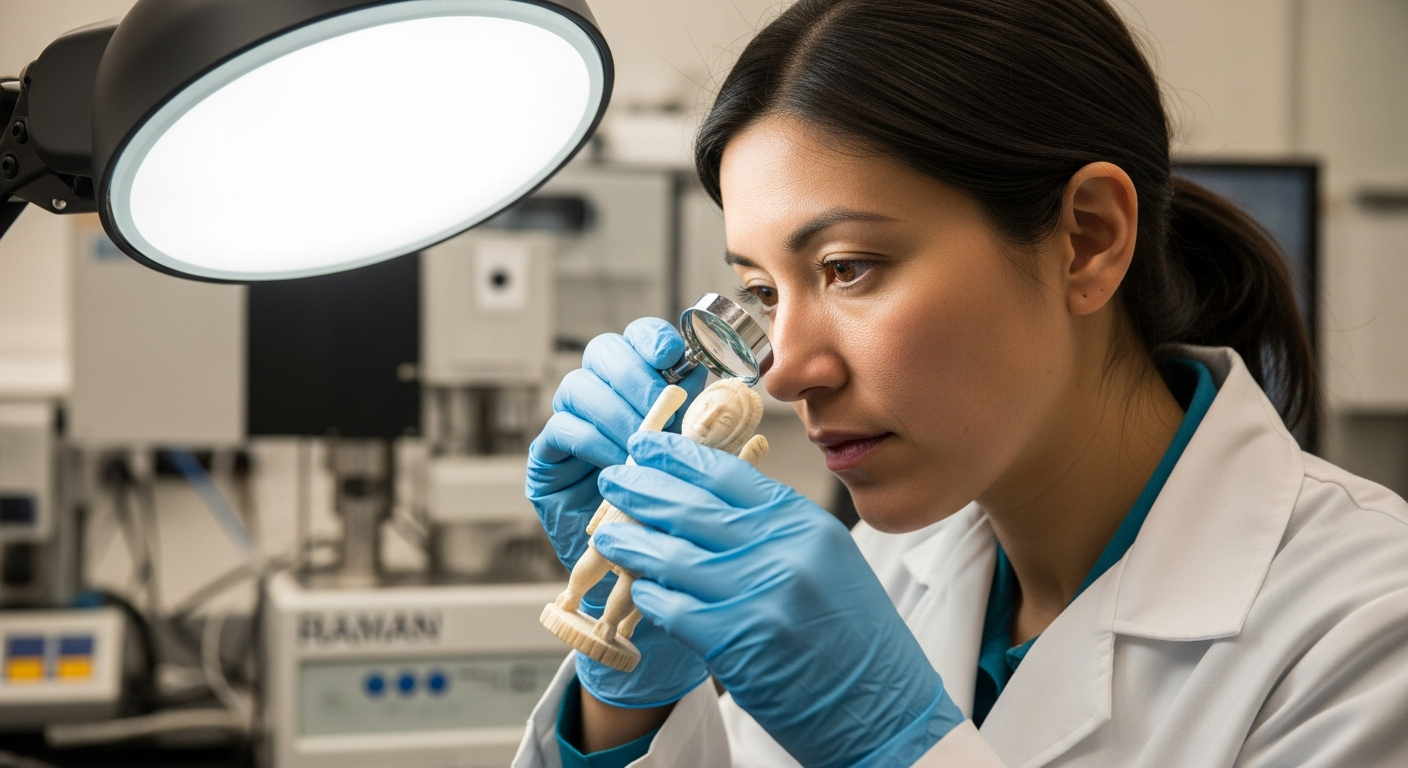A woman examines an Inuit ivory sculpture in a lab.