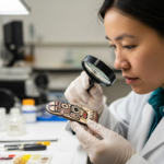 A woman examines Inuit artwork in a lab