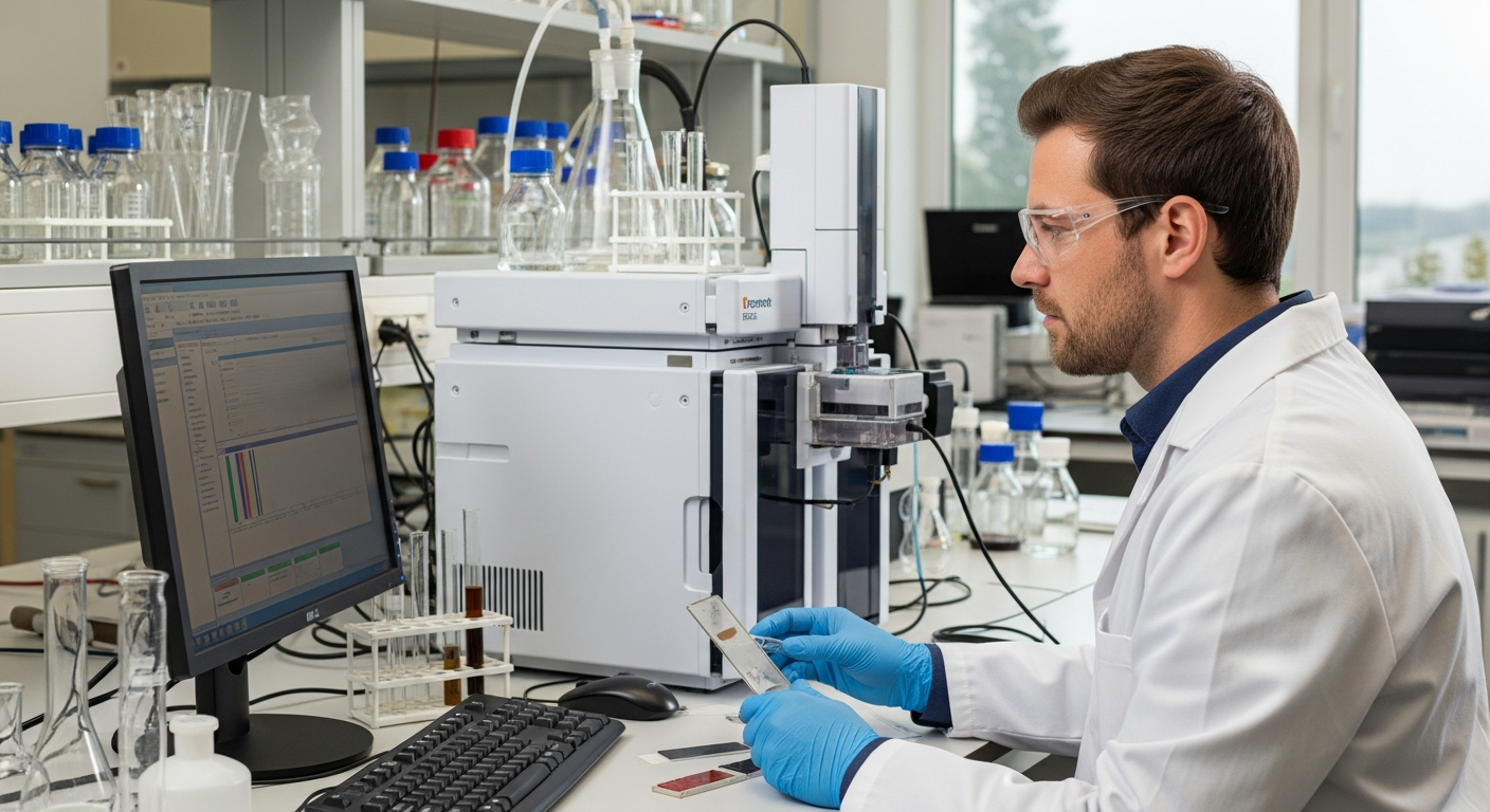 A chemist analyzes historical pigment using ion chromatography in a lab.