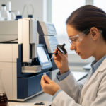 A woman analyzes pigment sample using ion chromatography in a lab