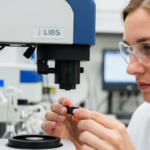 A woman analyzes a pigment sample using laser spectroscopy equipment in a lab.