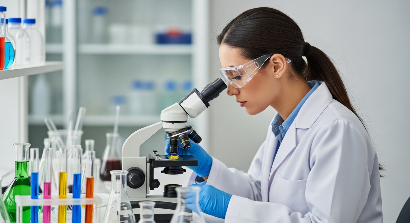 A woman examines yellow pigment under a microscope in a lab.