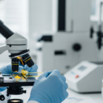 A chemist analyzes yellow pigment in a lab.