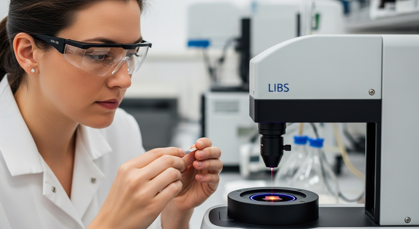 A woman analyzes a pigment sample using Laser-Induced Breakdown Spectroscopy in a lab.