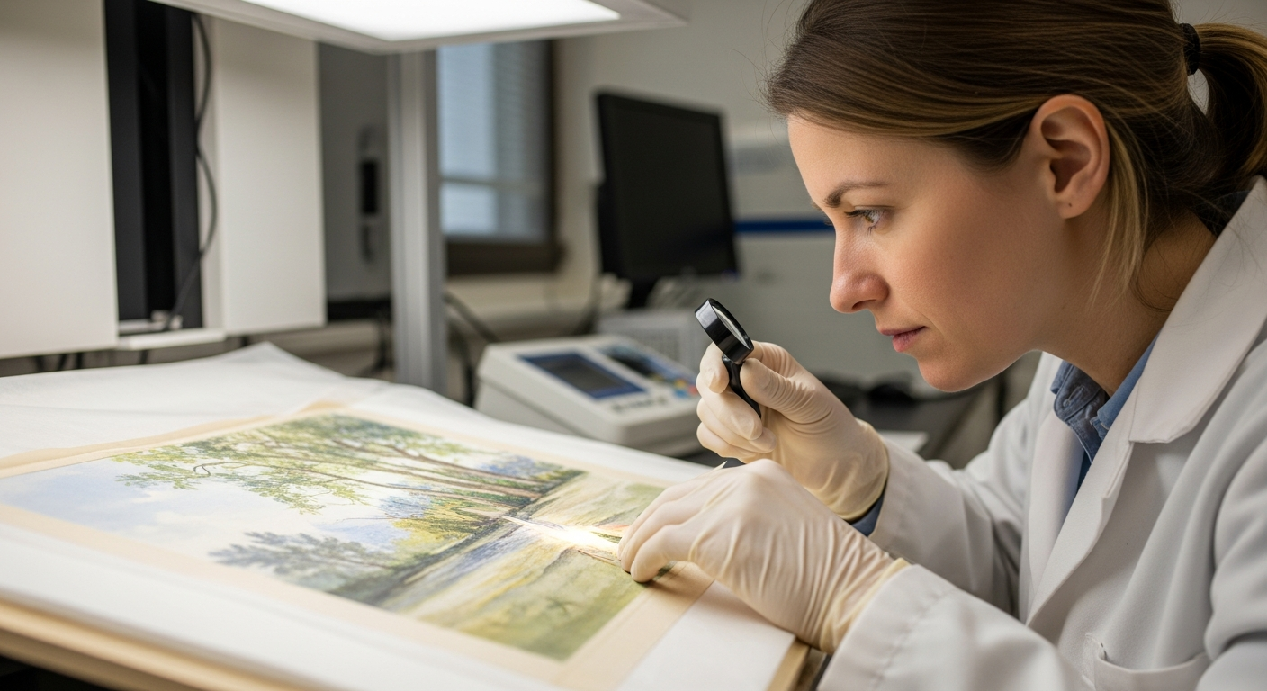 A female conservator examines a watercolor painting in a lab
