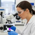 A woman analyzes purple pigment under a microscope in a lab.