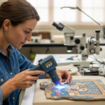 A woman analyzes a fragment of a Maya mural in a lab