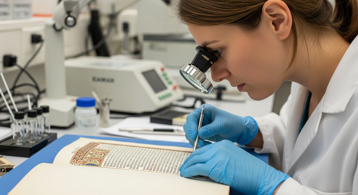 A woman examines a medieval manuscript in a lab.