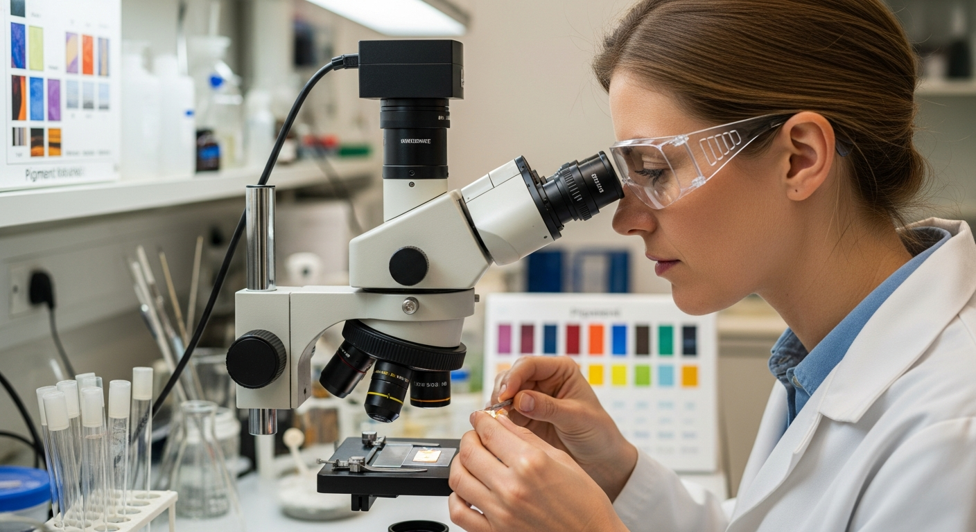 A woman analyzes paint pigment under a microscope in a lab.