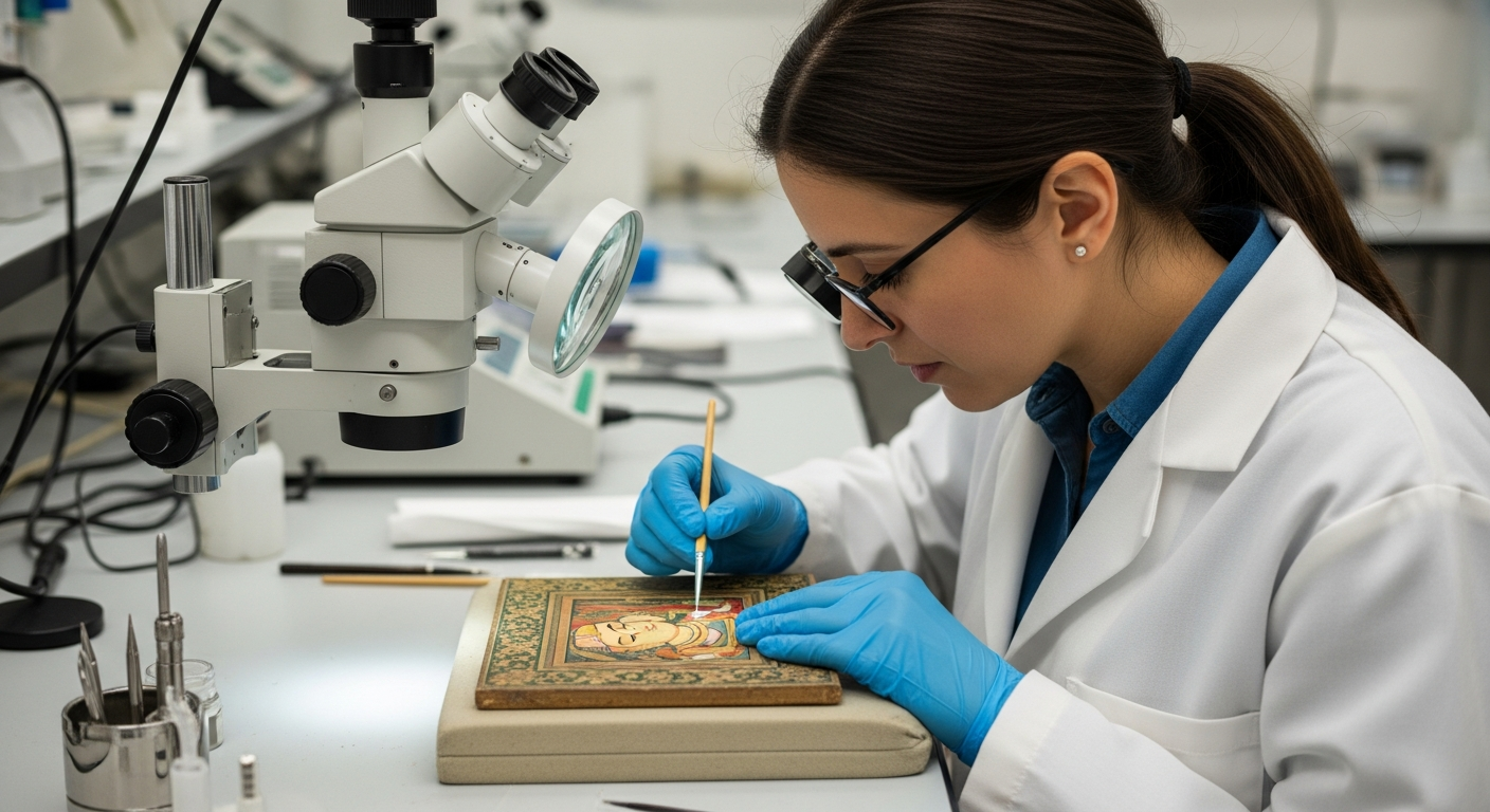 A woman analyzes a Mughal painting in a lab