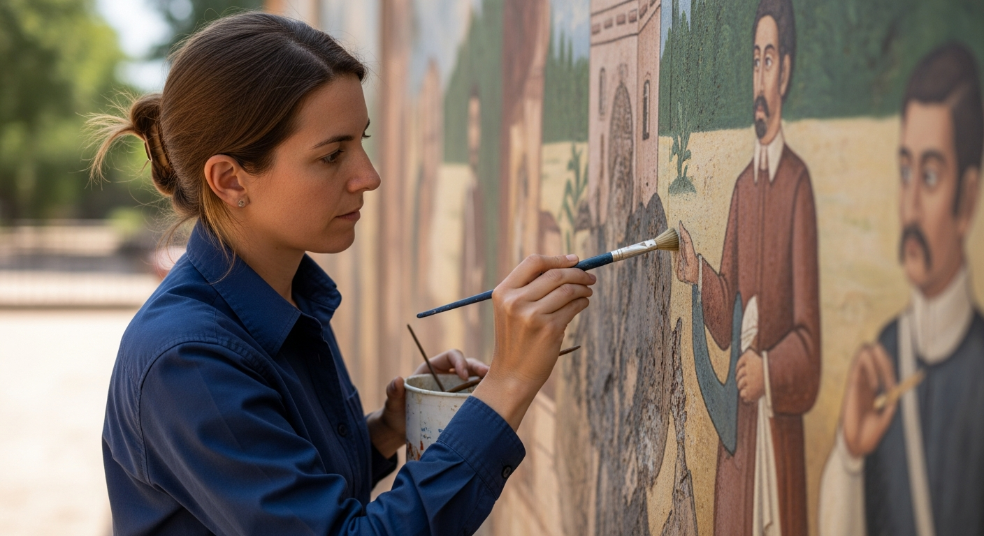 A woman cleans a historical mural with brushes.