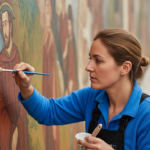 A woman cleans a historical mural outdoors