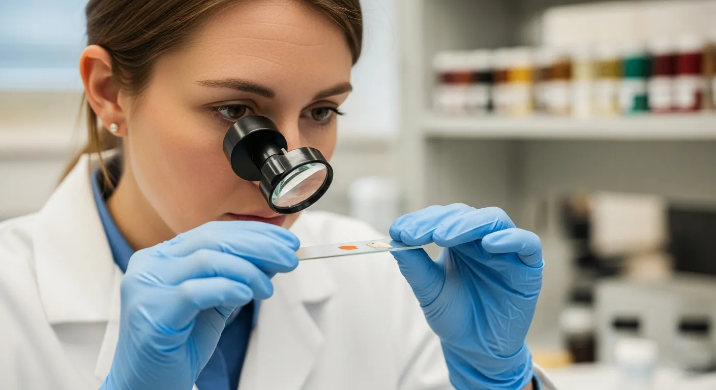 Woman in lab coat examines pigment sample under magnification