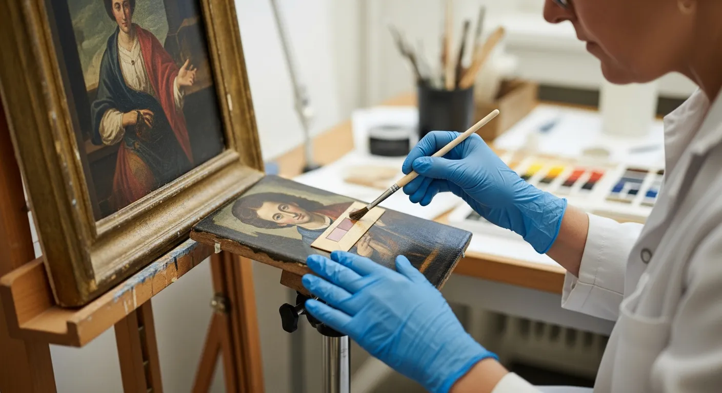 A conservator examines a painting in a lab.