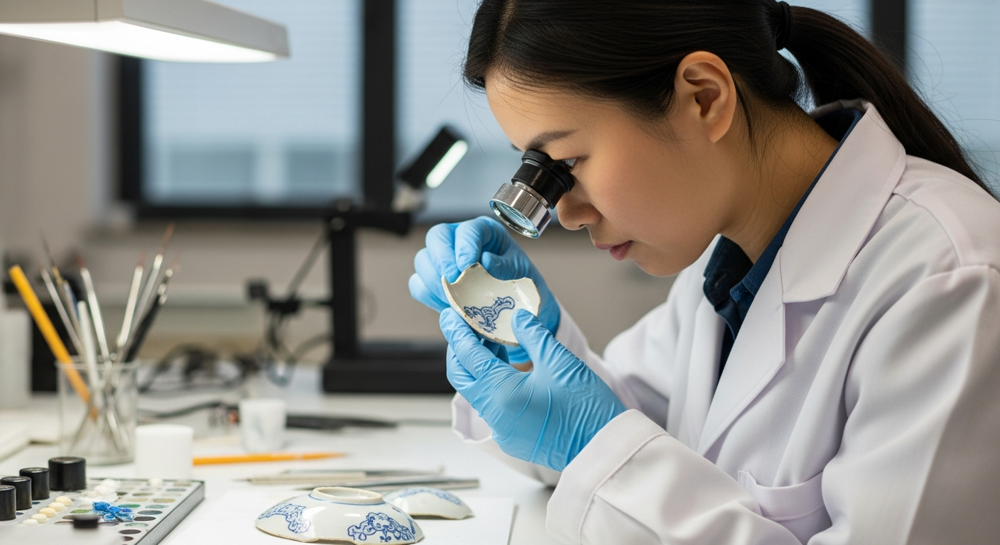 A woman examines a piece of porcelain in a lab