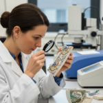 A woman examines a piece of Chinese porcelain in a lab.