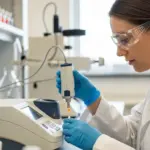 A woman analyzes pigment color in a laboratory.