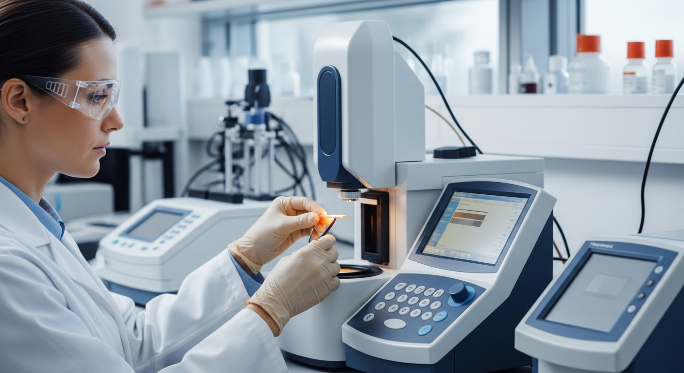 A woman analyzes pigment color using a spectrophotometer in a lab.