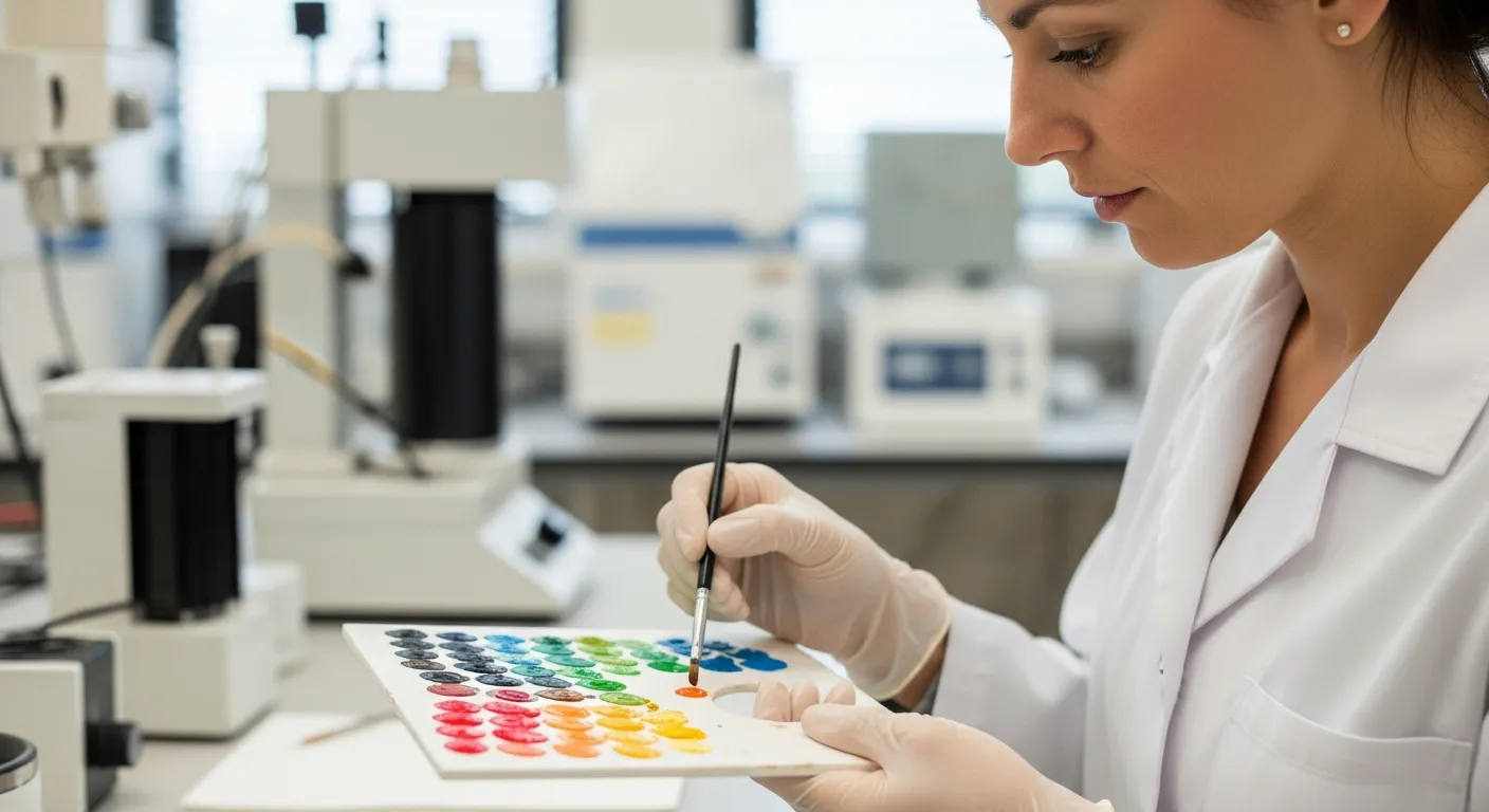 A woman analyzes pigments on a dot painting palette in a lab.